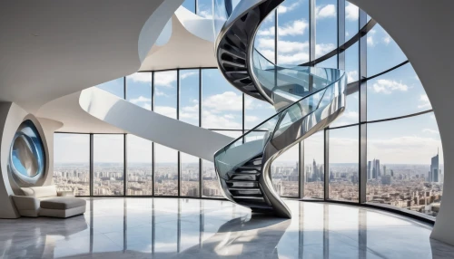 futuristic architecture,futuristic art museum,spiral staircase,spiral stairs,circular staircase,helix,the observation deck,sky apartment,winding staircase,observation deck,penthouses,sky space concept,arcology,oscorp,modern architecture,modern office,observation tower,vertigo,skywalks,staircase,Art,Artistic Painting,Artistic Painting 45