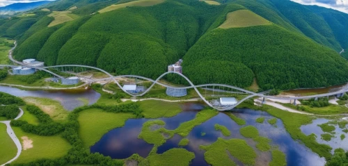 dragon bridge,europa park,futuristic landscape,ski jump,adventure bridge,futuroscope,helix,olympiapark,skycycle,mosel loop,scenic bridge,elves flight,bavaria,bridges,eifel,rainbow bridge,nasstrom,bavarian swabia,gerstlauer,hanging bridge,Photography,General,Realistic