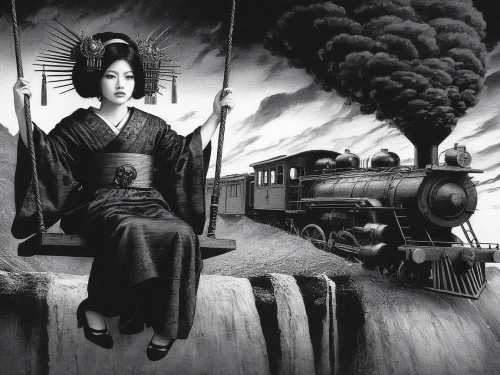 chthonic,geisha girl,ugetsu,japanese woman,homogenic,geisha,the japanese doll,japanese art,anna may wong,bullet train,train of thought,bunraku,radebaugh,ghost locomotive,sukeban,hirohito,surrealistic,sanjuro,ozu,train ride,Illustration,Japanese style,Japanese Style 18