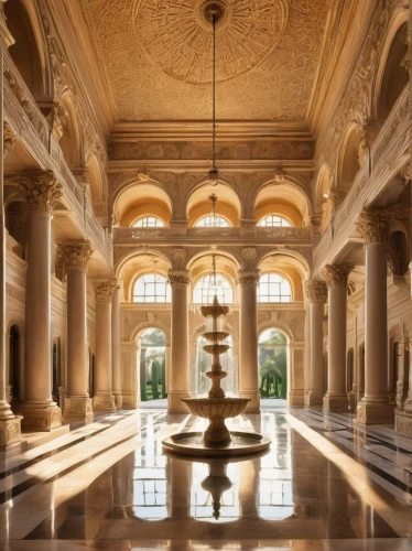 floor fountain,marble palace,decorative fountains,louvre,neoclassical,versailles,glyptothek,dolmabahce,colonnades,glyptotek,cochere,amanresorts,salone,water palace,reflecting pool,louvre museum,villa cortine palace,orangerie,neoclassicism,peterhof palace,Illustration,Realistic Fantasy,Realistic Fantasy 42