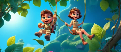 lilo,croods,menehune,hanging elves,tarzan,upin,rope swing,madagascans,disneynature,children's background,fairies aloft,adam and eve,cute cartoon image,happy children playing in the forest,cartoon forest,wonderfalls,tangled,rescuers,duendes,pandavas,Unique,3D,3D Character