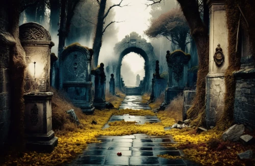 necropolis,ruelle,graveyards,old graveyard,hollow way,cemetry,hall of the fallen,graveyard,road forgotten,tombstones,cemetary,sepulcher,undercity,halloween background,fantasy picture,crypts,shadowgate,cemetery,cementerio,burial ground