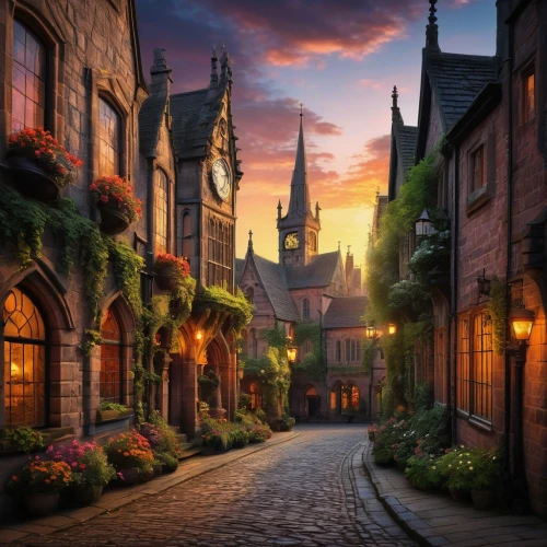 medieval street,townscapes,medieval town,the cobbled streets,edinburgh,fantasy picture,hogwarts,hogsmeade,kirkwall,fantasy landscape,terbrugge,fairy tale,scotland,old town,ruelle,victorian,medieval,ecosse,houses silhouette,a fairy tale,Illustration,Abstract Fantasy,Abstract Fantasy 01