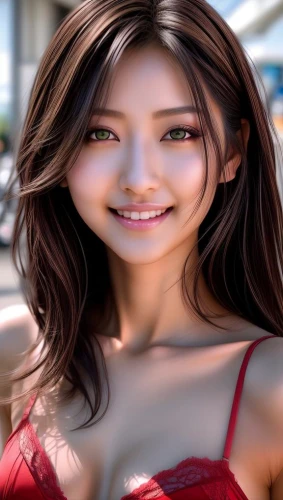 asian woman,japanese woman,anime 3d,mirifica,aerith,a girl's smile,3d rendered,sirotka,female model,portrait background,blurred background,tifa,romantic portrait,asian girl,female beauty,natural cosmetic,a charming woman,vietnamese woman,asian vision,ai generated