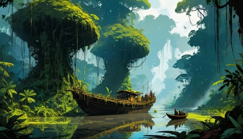 swamps,backwaters,boat landscape,rainforest,swamp,rainforests,tropical forest,backwater,swampy landscape,fantasy landscape,rain forest,an island far away landscape,amazonian,shaoming,lagoon,cave on the water,jungle,cartoon forest,forest lake,amazonas,Conceptual Art,Sci-Fi,Sci-Fi 01