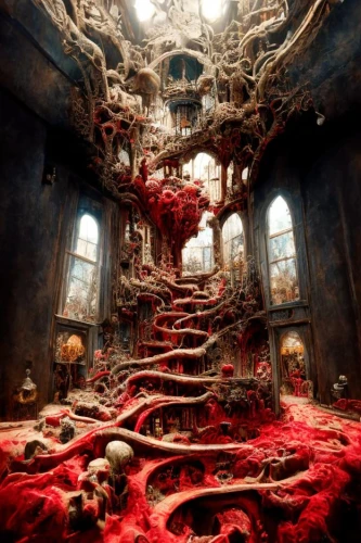 hall of the fallen,ornate room,fantasy art,3d fantasy,mandelbulb,fractal environment,fractals art,ghost castle,labyrinth,abandoned room,lovecraftian,great room,witch's house,dream art,ossuaries,red earth,the throne,lair,odditorium,azathoth