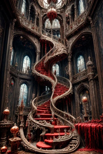 spiral staircase,staircase,winding staircase,the throne,ornate room,3d fantasy,labyrinthian,winding steps,hall of the fallen,circular staircase,stairway,staircases,throne,labyrinth,castlevania,intricacy,ornate,spiral stairs,spiral art,imperialis