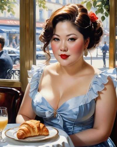 woman at cafe,parisienne,woman holding pie,paris cafe,parisian coffee,botero,photorealist,duchesse,woman eating apple,woman with ice-cream,francophile,cigarette girl,woman drinking coffee,netrebko,hyperrealism,mademoiselle,girl with bread-and-butter,vietnamese woman,world digital painting,parisiennes,Photography,General,Realistic