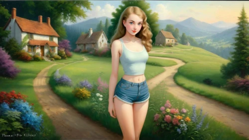 girl in the garden,girl in a long,landscape background,world digital painting,girl in flowers,girl walking away,fantasy picture,girl with tree,springtime background,girl picking flowers,farm background,home landscape,meadow in pastel,countrygirl,girl in t-shirt,eilonwy,fantasy art,salt meadow landscape,country dress,countrywoman