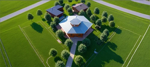 green lawn,field barn,roof landscape,lawn,grass roof,villa,red barn,quilt barn,barn,cut the lawn,suburbia,view from above,suburban,farm yard,farm house,drone shot,aerial view umbrella,from above,silo,house roofs,Photography,General,Realistic