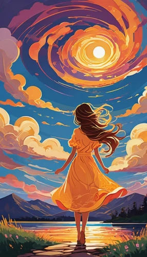 little girl in wind,cosmos wind,whirlwinds,swirling,world digital painting,orange sky,sky rose,dreamscape,dreamtime,windbloom,sky,horizons,summer sky,windy,sundancer,sun,cielo,yellow sky,winds,cosmos field,Illustration,Japanese style,Japanese Style 06