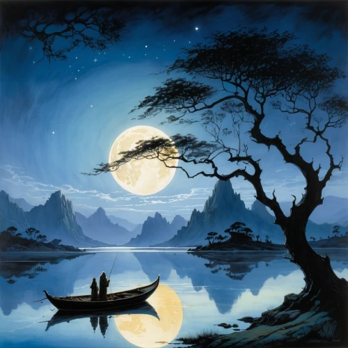 moonlit night,fantasy picture,landscape background,blue moon,moon and star background,moonlight,moonlit,night scene,moonesinghe,fantasy landscape,full moon,world digital painting,moonlighted,romantic scene,tranquility,dreamtime,poornima,moonlighters,fantasy art,dreamscapes,Illustration,Realistic Fantasy,Realistic Fantasy 04
