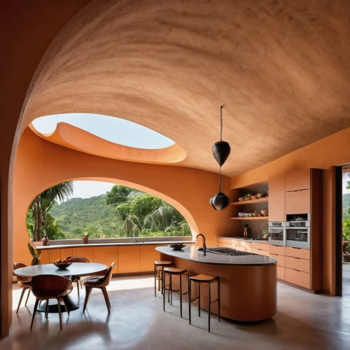 corten steel,concrete ceiling,dunes house,pizza oven,vaulted ceiling,earthship,tile kitchen,cocina,kitchen interior,kitchen design,corian,clay house,modern kitchen,roof domes,cochere,stucco ceiling,amanresorts,breakfast room,round hut,mahdavi,Photography,Documentary Photography,Documentary Photography 32