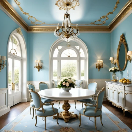 breakfast room,dining room,dining room table,ornate room,dining table,blue room,cochere,interior decor,interior decoration,stucco ceiling,luxury home interior,great room,opulent,gustavian,danish room,decoratifs,opulently,decors,interior design,tureens,Photography,General,Realistic