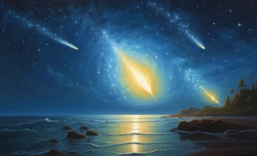 markarian,comets,meteor shower,space art,astronomy,galaxy collision,skygazers,fantasy picture,magellanic,stargazers,celestial bodies,starclan,auroral,meteor,pillars of creation,fantasy landscape,asteroids,lactea,meteors,starbright,Illustration,Realistic Fantasy,Realistic Fantasy 18