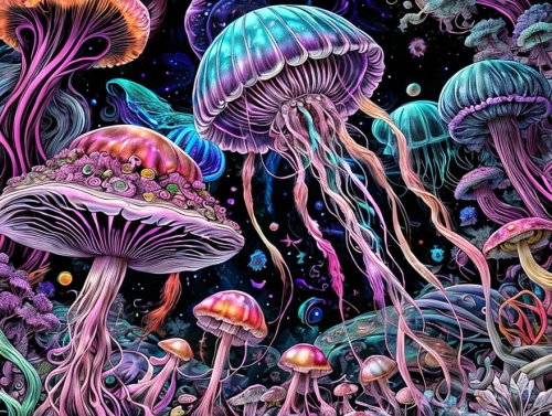shrooms,mushroom landscape,psilocybin,mushrooms,psychedelic,psychedelics,dmt,mushroom island,psychedelia,hallucinogens,forest mushrooms,psychotropics,hallucinogen,fairy galaxy,blue mushroom,lsd,jellyfish collage,coral reef,psilocybe,cubensis