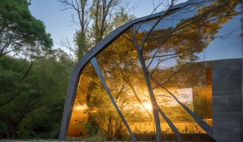 mirror house,structural glass,three centered arch,seidler,forest chapel,exterior mirror,superadobe,glass window,christ chapel,glass facade,hepworth,archway,pilgrimage chapel,canopied,serralves,arch,goetheanum,pointed arch,arches,utzon,Photography,General,Realistic