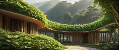 tunnel of plants,bamboo forest,forest house,plant tunnel,green forest,roof landscape,green living,ecotopia,walkway,bamboo plants,tropical forest,greenforest,greenery,biopiracy,teahouse,futuristic landscape,green garden,asian architecture,house in the forest,shaoming,Conceptual Art,Fantasy,Fantasy 12