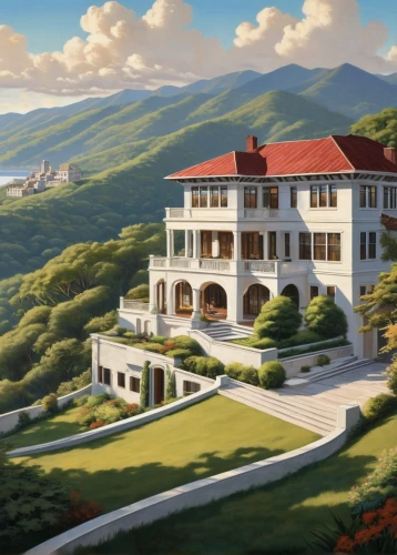 ghibli,studio ghibli,house in the mountains,lucasfilm,house in mountains,overlook,golf course background,dreamhouse,home landscape,palladianism,country estate,briarcliff,sylvania,mansion,arcadia,luxury property,darjeeling,rivendell,miyazaki,house painting,Illustration,Realistic Fantasy,Realistic Fantasy 21