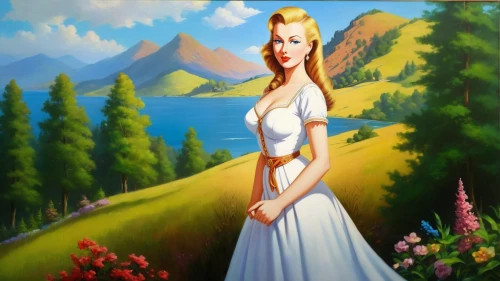 khokhloma painting,mountain scene,landscape background,bridalveil,girl in a long dress,art painting,fraulein,maureen o'hara - female,photo painting,oil painting on canvas,heidi country,girl in the garden,oil painting,pittura,golf course background,galadriel,springtime background,blonde woman,marilyn monroe,principessa