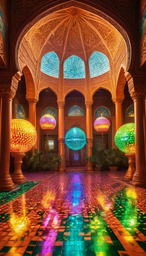 kaleidoscape,dubai garden glow,floor fountain,colorful light,colored lights,hall of nations,ballroom,persian architecture,treasure hall,hall of the fallen,esfahan,iranian architecture,star mosque,water palace,atlantis,grand mosque,bathhouse,hassan 2 mosque,inside courtyard,arches,Illustration,Realistic Fantasy,Realistic Fantasy 38