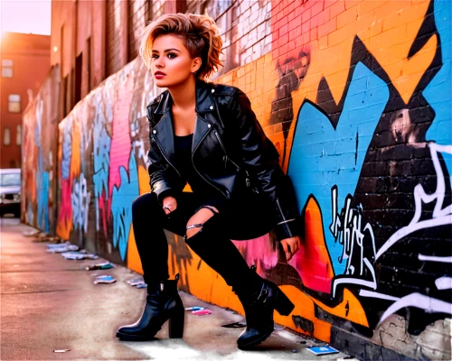 leather jacket,pleather,alleyways,alleys,black leather,leather,alleyway,alley cat,rockabilly style,leatherette,leathery,kenickie,sidestreets,alley,leather boots,rockabilly,eighties,brick wall background,retro eighties,videoclip,Unique,Design,Sticker