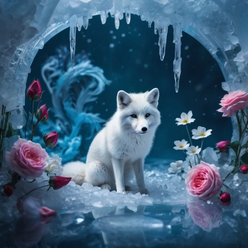 white rose snow queen,white cat,snowbell,the snow queen,arctic fox,white fox,fantasy picture,snowcats,eternal snow,winter animals,snowcat,frosted rose,winter rose,winter background,blue eyes cat,samoyedic,snowball,fantasy animal,frostily,icea,Photography,General,Fantasy