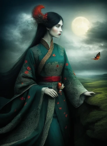 geisha girl,oiran,geisha,geishas,maiko,oriental princess,japanese art,hanfu,ugetsu,oriental painting,oriental girl,fantasy picture,fantasy art,mystical portrait of a girl,moondragon,oriental,japanese woman,isolated butterfly,fantasy portrait,butterfly isolated,Illustration,Abstract Fantasy,Abstract Fantasy 01