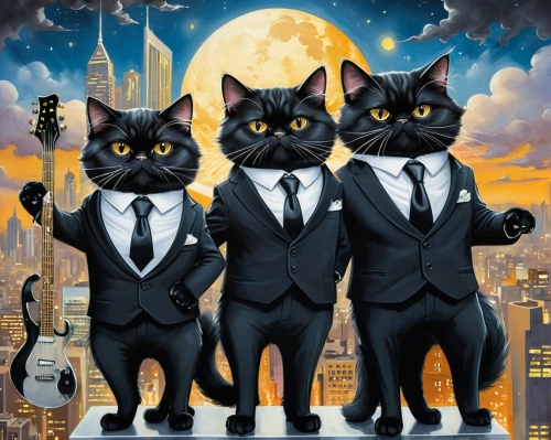 tuxedoes,tuxes,tuxedos,suiters,cat family,serenata,cats on brick wall,georgatos,pussycats,tuxis,vintage cats,orbison,gatos,cats,cat pageant,cartoon cat,harmonists,musicians,businessmen,rippingtons,Illustration,Abstract Fantasy,Abstract Fantasy 23