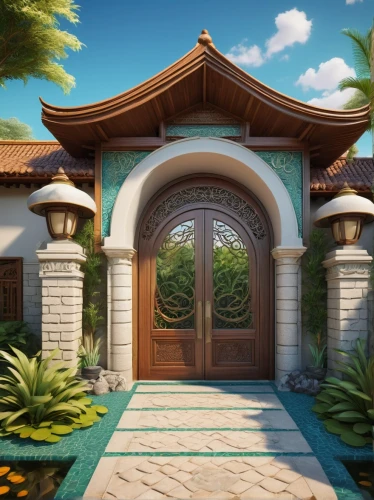 bungalows,holiday villa,tropical house,3d rendering,garden door,arabic background,luxury home,render,dreamhouse,archways,asian architecture,background design,3d render,tropical island,3d rendered,luxury property,house entrance,pool house,cabana,3d background,Illustration,Paper based,Paper Based 10
