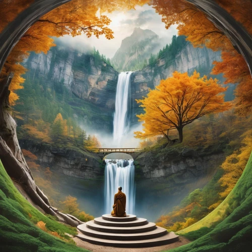 rivendell,fantasy picture,autumn background,landscape background,nature background,qabalah,wishing well,world digital painting,brown waterfall,bridal veil fall,nature wallpaper,waterfall,waterval,fantasy landscape,fall landscape,fantasy art,water fall,spiritual environment,cartoon video game background,lorien,Photography,Artistic Photography,Artistic Photography 07