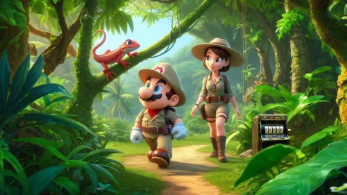 arrietty,hoenn,tropical forest,explorers,girl and boy outdoor,madagascans,jungle,cartoon video game background,rainforest,rainforests,ecotourists,garden of eden,philodendrons,fairy forest,fairy world,hunting scene,cartoon forest,madagascan,travellers,forest workers
