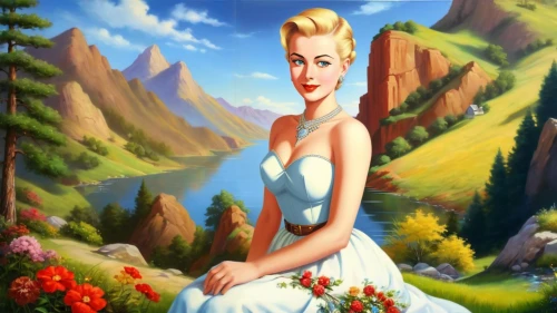 marylyn monroe - female,pin-up girl,retro pin up girl,marilyn monroe,mountain scene,pin-up model,pin up girl,tretchikoff,pin-up girls,pinu,blonde woman,retro pin up girls,pin ups,landscape background,the blonde in the river,pittura,maureen o'hara - female,khokhloma painting,springtime background,woman with ice-cream