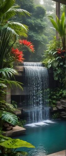 green waterfall,tropical forest,tropical jungle,waterfall,waterfalls,water fall,tropical bloom,naples botanical garden,underwater oasis,philodendrons,nature wallpaper,neotropical,tropical island,water falls,brown waterfall,cascading,tropical house,garden pond,rainforest,koi pond,Illustration,Paper based,Paper Based 15