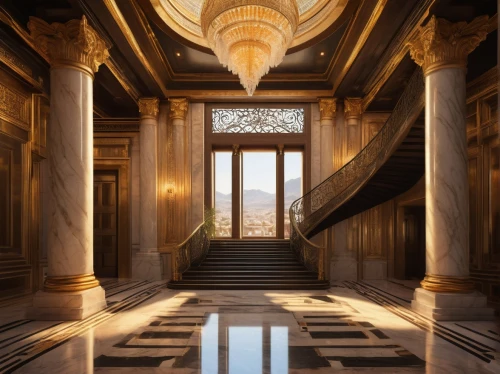 marble palace,neoclassical,cochere,hallway,neoclassicism,zappeion,art deco,pillars,hall of the fallen,the threshold of the house,palatial,staircase,grandeur,neoclassic,ornate room,egyptian temple,art deco background,palladianism,columns,entrance hall,Illustration,Retro,Retro 26