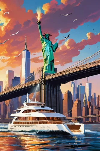 new york harbor,statue of liberty,queen of liberty,cruises,superyachts,cityhopper,cruise ship,the statue of liberty,liberty enlightening the world,lady liberty,easycruise,turismo,newyork,new york,seabourn,superferry,cruiseliner,transatlantic,manhattan,azamara,Illustration,Retro,Retro 12