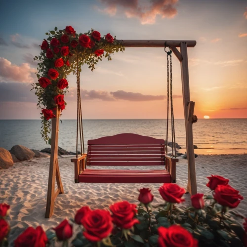 red bench,yellow rose on red bench,bench by the sea,deckchair,beach furniture,beach chair,romantic rose,deck chair,deckchairs,romantique,red tablecloth,romantic scene,table arrangement,flower cart,red roses,romantic night,beach chairs,romantica,romantic,daybed,Photography,General,Cinematic