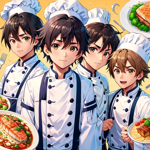 chefs,ouranoupoli,cooks,caterers,aprons,pizza supplier,italian cuisine,waitstaff,cookery,star kitchen,overcooking,cooking vegetables,cookoff,pizza service,fresh pasta,food and cooking,pizza hawaii,men chef,making food,overcook,Anime,Anime,Realistic