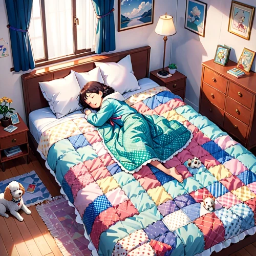 flower blanket,quilt,kumiko,sleeping room,blue pillow,beds,morning light,quilts,bed,room,coverlets,bedspread,roominess,winter dream,napping,nanako,sleeping,bedspreads,blankets,bedding,Anime,Anime,Realistic