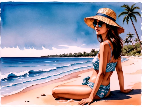 watercolor painting,watercolor background,watercolor pin up,watercolor,watercolour paint,photo painting,water color,beach background,watercolor blue,watercolor sketch,blue hawaii,watercolorist,watercolourist,beachcomber,beach landscape,dream beach,straw hat,panama hat,watercolors,beach scenery,Illustration,Paper based,Paper Based 30