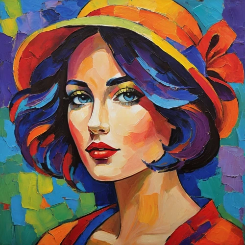 nielly,oil painting on canvas,fauvist,mousseau,italian painter,girl wearing hat,oil painting,pop art colors,pop art woman,fauvism,musidora,young woman,woman portrait,pop art style,pop art girl,bohemian art,art painting,woman's hat,cool pop art,boho art,Conceptual Art,Oil color,Oil Color 25