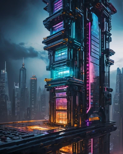 cyberpunk,cybercity,cybertown,futuristic landscape,futuristic,futuristic architecture,skyscraper,metropolis,cyberport,arcology,fantasy city,hypermodern,the skyscraper,electric tower,ctbuh,urban towers,scifi,cyberia,sci - fi,dystopian,Art,Artistic Painting,Artistic Painting 42
