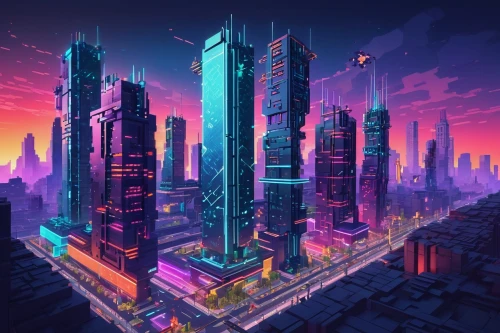 cybercity,cybertown,colorful city,cityscape,metropolis,cyberpunk,fantasy city,futuristic landscape,microdistrict,cyberport,skyscrapers,cyberia,synth,city skyline,city blocks,ctbuh,cyberscene,futuristic,skyscraper,megalopolis,Unique,Pixel,Pixel 03