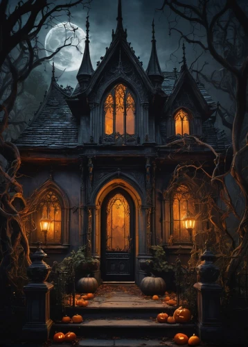 witch's house,halloween background,halloween scene,witch house,halloween wallpaper,the haunted house,haunted house,halloween illustration,halloween poster,samhain,haunted castle,house silhouette,halloween and horror,hallows,halloween decoration,victorian house,ancient house,the threshold of the house,haunted cathedral,hauntings,Illustration,Abstract Fantasy,Abstract Fantasy 14