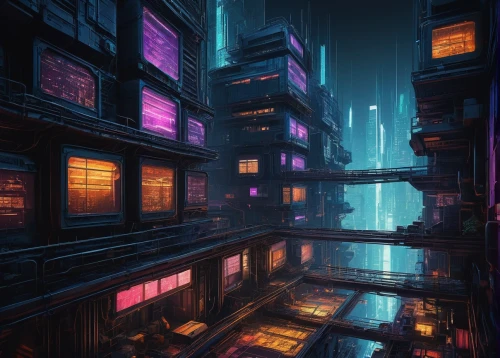 cyberpunk,cityscape,cybertown,bladerunner,metropolis,fantasy city,microdistrict,colorful city,alleyway,cybercity,apartment block,city at night,arkham,kowloon,alley,urban,slum,cyberscene,city blocks,synth,Art,Artistic Painting,Artistic Painting 29