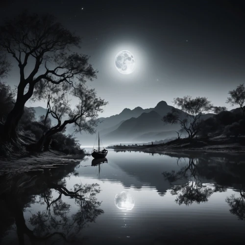 moonlit night,moonlit,the night of kupala,moonglow,moonlight,moonshadow,moonlighted,lunar landscape,moon and star background,moondance,moonsorrow,moonscape,lune,reflection in water,stillness,moonscapes,fantasy picture,tranquility,calmness,moonlighters,Photography,Black and white photography,Black and White Photography 08