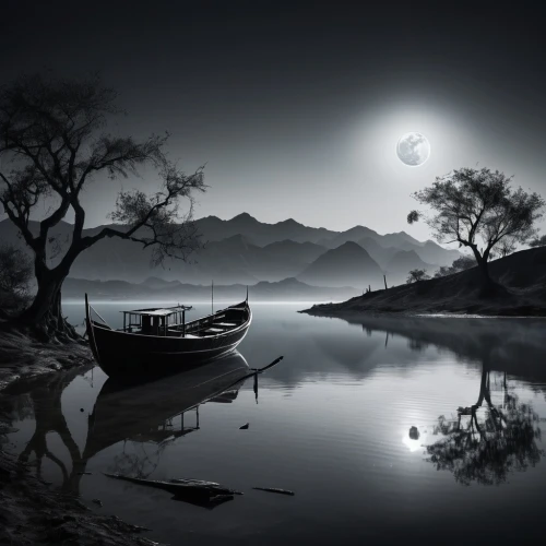 moonlit night,boat landscape,black landscape,moonlit,tranquility,calmness,evening lake,stillness,moonglow,moonshadow,moonlighted,tranquillity,moonlight,inle,hoang,calm water,quietude,calm waters,the night of kupala,backwaters,Photography,Black and white photography,Black and White Photography 08