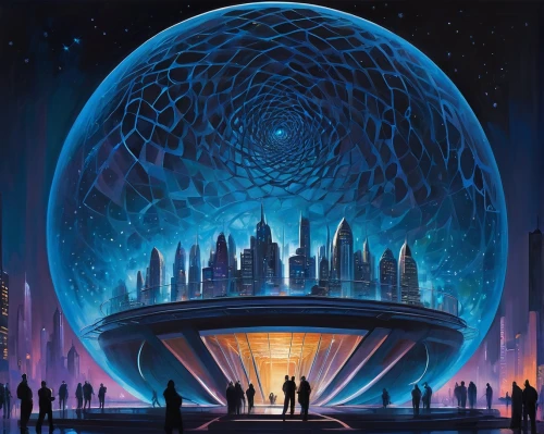 technosphere,epcot ball,perisphere,cosmosphere,exosphere,primosphere,ringworld,glass sphere,universum,arcology,musical dome,globecast,crystalball,hemispherical,panspermia,orb,lotusphere,heliosphere,tesseract,sci fiction illustration,Conceptual Art,Oil color,Oil Color 22