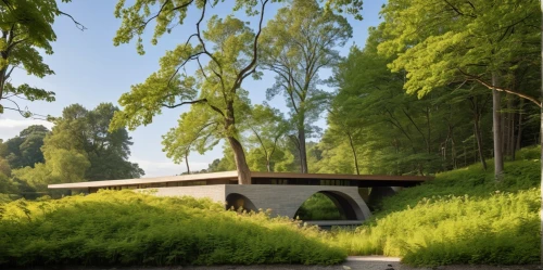 sketchup,3d rendering,render,mid century house,underpasses,carport,covered bridge,tugendhat,underpass,house in the forest,carports,inverted cottage,renders,revit,forest house,zumthor,grass roof,bundesautobahn,viaducts,road bridge,Photography,General,Realistic