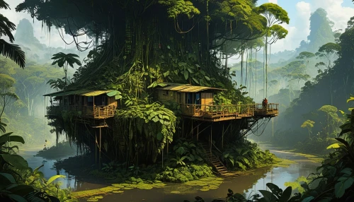 treehouses,tree house,treehouse,rainforest,rainforests,tree house hotel,rain forest,yavin,tropical forest,house in the forest,jungles,tree tops,hanging houses,forest house,stilt houses,longhouses,jungle,tropical jungle,floating islands,treetops,Conceptual Art,Sci-Fi,Sci-Fi 01